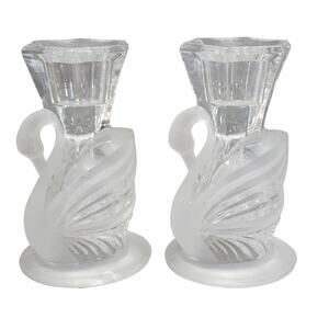 Partylite 1990s 24% Lead Crystal Swan Clear & Frosted Taper Candle Holders x2